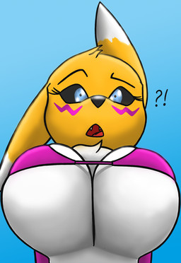 anthro big_breasts bikini black_sclera blue_eyes breasts clothed clothing female huge_breasts interrobang open_mouth solo swimwear two-piece_swimsuit under_boob creatiffy bandai_namco digimon canid canine digimon_(species) mammal renamon hi_res