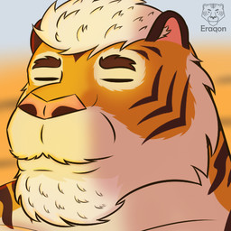 anthro beard eyes_closed facial_hair fur inner_ear_fluff male markings mouth_closed orange_body orange_fur simple_background sky skyscape snout solo striped_body striped_fur striped_markings stripes sunrise sunset tuft white_body white_fur eraqon nick_(eraqon) felid mammal pantherine tiger 1:1 headshot_portrait icon low_res meme portrait