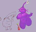 ambiguous_gender breasts curvy_figure female flower group leaf plant purple_body red_body simple_background size_difference solo_focus justirri nintendo pikmin bulborb elemental_creature flora_fauna pikmin_(species) purple_pikmin red_pikmin colored low_res sketch