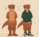 anthro barefoot biped bottomless brown_body brown_fur clothed clothing featureless_crotch feet footwear fur green_eyes male nude shoes simple_background slightly_chubby solo tan_background text seniorseasalt seasalt_(seniorseasalt) mammal mustelid otter english_text model_sheet