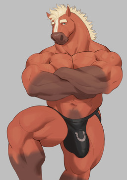 anthro blonde_eyebrows blonde_mane bulge clothed clothing crossed_arms detailed_bulge eyebrows grey_background jockstrap jockstrap_only male mane monotone_background muscular muscular_anthro muscular_male muscular_thighs simple_background solo thick_eyebrows topless underwear underwear_only adios equid equine horse mammal 2022 absurd_res colored hi_res