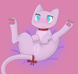 accessory blue_eyes blush bow_ribbon collar female feral furgonomics genitals grey_body looking_forward lying on_back open_mouth open_smile pawpads pink_pawpads presenting presenting_vulva red_bow red_collar red_tongue ribbons simple_background smile solo tail tail_accessory tail_bow tail_ribbon teeth tongue vulva jakuya_art nintendo pokemon generation_1_pokemon legendary_pokemon mew_(pokemon) pokemon_(species) hi_res