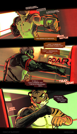 angry anthro clothed clothing cybernetic_arm cybernetic_limb cyberpunk cyberware dialogue latex male onomatopoeia punch punching_bag roaring solo sound_effects text topless topless_anthro topless_male alexa_neon max_strong felid mammal pantherine tiger comic english_text hi_res tagme