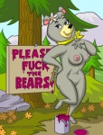 3_toes anthro ascot barefoot biped blue_eyes breasts day feet female fur grey_body grey_fur hand_on_hip looking_at_viewer nipples on_one_leg open_mouth outside paint plant sign smile solo standing text toes tree odin3000 hanna-barbera yogi_bear cindy_bear bear mammal english_text