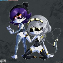 accessory breasts clothing duo female female/female fingers hair hat hazard_stripes headgear headwear looking_at_viewer machine not_furry nude purple_eyes purple_hair screen_eyes short_hair simple_background smile syringe tail text white_body yellow_eyes jackintaro glitch_productions murder_drones uzi_(murder_drones) v_(murder_drones) android disassembly_drone humanoid robot robot_humanoid tailed_humanoid worker_drone 1:1 absurd_res digital_media_(artwork) hi_res url