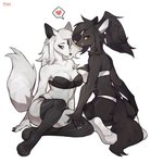 anthro big_breasts black_body black_clothing black_fur black_legwear black_sclera black_stockings black_underwear bra breast_squish breasts breasts_frottage clothed clothed_anthro clothed_female clothing duo female female/female female_anthro fur hair heart_symbol kemono legwear panties simple_background squish stockings underwear white_background white_body white_clothing white_fur white_legwear white_stockings white_underwear yellow_eyes fish7163 kay_rox say_(lightspirit) canid canine mammal hi_res