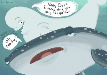 annoyed blue_body blue_eyes blue_fin dialogue duo female feral male male/female open_mouth speech_bubble spots talking_feral teeth text white_body white_spots dos6etelgeuse disney finding_dory finding_nemo pixar bailey_(finding_dory) destiny_(finding_dory) aquatic beluga carpet_shark cetacean fish mammal monodontid shark toothed_whale whale_shark 2026 english_text hi_res watermark