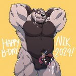 anthro balls barazoku belly big_muscles big_penis birthday black_body black_fur black_penis bodily_fluids candle cum cum_drip cum_on_face cum_on_penis cupcake dripping ejaculation erection facial_markings flexing food food_fetish food_play foreskin front_view fur genital_fluids genitals glans gloves_(marking) grey_body grey_fur hands_behind_head head_markings humanoid_genitalia humanoid_penis licking licking_lips looking_at_viewer male markings musclegut muscular muscular_male nude one_eye_closed overweight overweight_male pecs penis pink_glans retracted_foreskin rubber_duck simple_background slightly_chubby slightly_chubby_male smile smiling_at_viewer solo standing tongue tongue_out vein veiny_penis bearwivme echo_(series) echo_project the_smoke_room nikolai_krol badger european_badger mammal meles mustelid musteline 1:1 hi_res