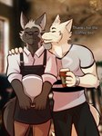 anthro barista beverage cheek_lick clothed clothing coffee coffee_shop duo face_lick licking male male/male tongue ventkazemaru remember_the_flowers ash_(remember_the_flowers) silver_(remember_the_flowers) arctic_fox canid canine fox mammal true_fox hi_res brother_(lore) brothers_(lore) sibling_(lore)