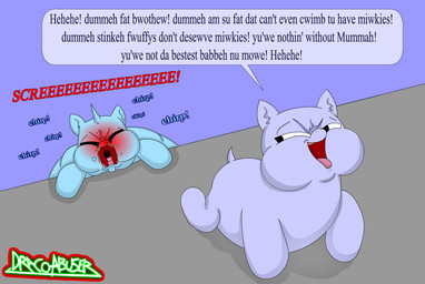 1_horn abuse ambiguous_feral ambiguous_gender baby_talk blue_body blue_fur blush cruelty dialogue duo fat_shaming feral fur horn insult looking_at_another looking_back looking_back_at_another mean monotone_body monotone_fur neonate open_mouth purple_body purple_fur simple_background smug struggling tail text tongue tongue_out young young_ambiguous young_feral draco_abuser fluffy_pony mythology equid equine fluffy_pony_(species) mammal mythological_creature mythological_equine unicorn 2026 digital_media_(artwork) english_text signature