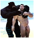 anthro arm_around_shoulders arm_hair balls beach black_body black_fur black_hair blue_eyes blue_sky body_hair chest_hair claws clear_sky duo eye_contact facial_hair fangs finger_claws five_o'clock_shadow fur genitals grey_eyes hair hairy_legs hairy_penis looking_at_another male male/male muscular muscular_anthro muscular_human muscular_male navel open_mouth outside penis penis_grab photo plant pubes sabertooth_(anatomy) sand sea shaved_head sky teeth text tree vein veiny_muscles water wave ad-games christopher_(ad-games) kerak felid human mammal pantherine 2018 english_text