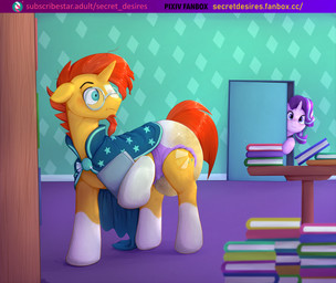big_diaper blush bodily_fluids caught_off_guard clothed clothing diaper diaper_fetish duo female feral genital_fluids horn male text unclean_diaper urine used_diaper using_diaper wearing_diaper wet_diaper wetting wetting_diaper secret_desires fanbox friendship_is_magic hasbro my_little_pony mythology subscribestar starlight_glimmer_(mlp) sunburst_(mlp) equid equine horse mammal mythological_creature mythological_equine pony unicorn hi_res url
