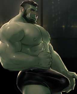 abs beard biceps big_bulge black_hair bulge clothing facial_hair green_body green_skin hair male muscular muscular_humanoid muscular_male nipples pecs solo teeth tusks underwear dopq humanoid orc hi_res