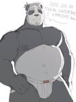 anthro belly big_belly black_body black_nose clothing eyes_closed humanoid_hands jockstrap male nipples overweight overweight_male simple_background solo text underwear white_body ruslorc panda_(ruslorc) bear giant_panda mammal 2022 english_text hi_res