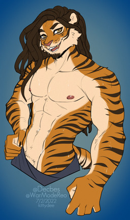 5_fingers abs anthro beard biceps black_stripes brown_hair clothed clothing countershading facial_hair fingers fur goatee gold_(metal) gold_tooth hair looking_at_viewer male muscular muscular_anthro muscular_male nipples open_mouth orange_body orange_fur pecs smile solo striped_body striped_fur stripes tail tan_eyes teeth tongue kittydee felid mammal pantherine tiger 2022 dated digital_media_(artwork) hi_res