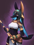2022 3:4 5_fingers anthro anubian_jackal anubis black_body black_fur black_nose blue_hair breasts canid canine canis claws clothed clothing deity digital_media_(artwork) egyptian egyptian_clothing egyptian_mythology female female_anthro finger_claws fingers fur gold_(metal) gold_jewelry green_hair hair hi_res holding_object jackal jewelry kamukamu6392 kemono long_hair looking_at_viewer mammal middle_eastern_mythology multicolored_hair mythology navel portrait pupils red_eyes slit_pupils snout solo three-quarter_portrait translated_description