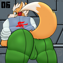 anthro biped bulge bulge_from_behind butt butt_focus clothed clothing curvy_figure electronics fur green_eyes headgear headphones headset looking_at_viewer looking_back looking_pleasured male male_anthro pose presenting presenting_hindquarters raised_tail seductive solo spread_butt spread_legs spreading tail thick_thighs white_body white_fur wide_hips spooner_kai nintendo star_fox star_fox_2 star_fox_64 fox_mccloud canid canine fox mammal 1:1 absurd_res hi_res pinup