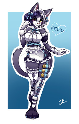 4_toes 5_fingers anthro black_body black_fur black_hair breasts clothed clothed_anthro clothed_female clothing feet female fingers fur hair hindpaw humanoid_hands maid_uniform multicolored_body multicolored_fur multicolored_hair paws pink_nose smile solo tail toes two_tone_body two_tone_fur two_tone_hair uniform white_body white_fur white_hair naaraskettu combat_cat_studio wild_assault erwin_(wild_assault) domestic_cat felid feline felis mammal absurd_res hi_res