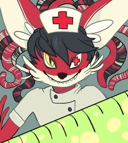 anthro black_hair clothing cross fluffy fur hair headgear headwear male nurse nurse_clothing nurse_uniform pseudo_hair red_body red_fur simple_background smile solo syringe teeth tentacle_hair tentacles uniform white_body white_fur yellow_eyes davedile lapfox_trax renard_queenston canid canine fox mammal