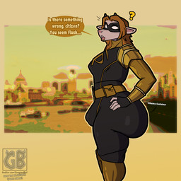 anthro armor belt belt_buckle belt_pouch big_butt blonde_hair buckle bulge butt city city_background domino_mask eyemask eyewear fur gold_(metal) gynomorph hair huge_butt intersex lipstick makeup mask pauldron solo superhero superhero_costume teeth text tooth_gap white_body white_eyes white_fur terryeternity evil_container terry_(terryeternity) bovid caprine mammal 1:1 english_text hi_res meme