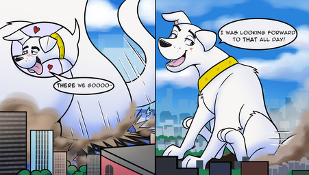 big_butt blush blush_lines butt city cityscape collar destruction extreme_size_difference feral freckled_face freckles grinding heart_symbol looking_back macro male narrowed_eyes open_mouth raised_tail side_view sitting size_difference solo_focus speech_bubble tail text tongue tongue_out yellow_collar solacelunis krypto_the_superdog canid canine canis domestic_dog mammal 2022 digital_drawing_(artwork) digital_media_(artwork) english_text hi_res sequence