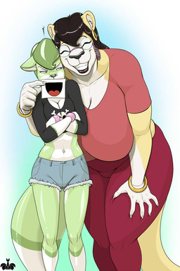 angry anthro big_breasts black_clothing black_hair black_shirt black_topwear bottomwear breasts clothing covering covering_mouth crossbones_print denim denim_bottomwear denim_clothing denim_shorts duo ear_piercing ear_ring eyes_closed eyewear fake_smile female glasses gold_(metal) gold_ear_ring hair hand_on_leg huge_breasts inflatable looking_at_another multicolored_body narrowed_eyes nozzle_on_belly pants piercing red_bottomwear red_clothing red_pants red_shirt red_topwear ring_piercing shirt shorts smile smiling_at_viewer squint teasing thick_thighs topwear wearing_glasses wide_hips blackfox85 kitty_vanilji midori_(blackfox85) animate_inanimate canid canine felid fox living_inflatable mammal pantherine colored hi_res
