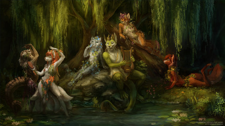 anthro clothed clothing convenient_censorship dancing female group hair harp horn lily_pad male mostly_nude musical_instrument open_mouth outside plant plucked_string_instrument reclining rock sitting string_instrument tail tree water saterina mythology canid canine dragon felid fox mammal mythological_creature mythological_scalie nymph scalie