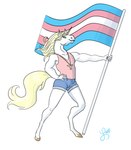 anthro blue_eyes bottomwear clothing denim denim_bottomwear denim_clothing denim_shorts flagpole fur gender_symbol holding_object hooves horn jewelry lgbt_pride male mane necklace pink_clothing pink_shirt pink_topwear pride_colors shirt shorts simple_background solo standing symbol tail topwear transgender_pride_colors transgender_symbol unguligrade white_background white_body white_fur yellow_body yellow_fur yellow_tail longhorse mythology equid equine mammal mythological_creature mythological_equine unicorn 2019 full-length_portrait hi_res portrait signature trans_(lore) trans_man_(lore)