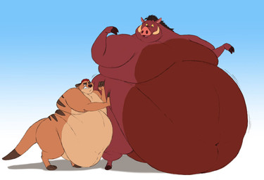 anthro belly belly_overhang big_belly dipstick_tail duo huge_belly hyper hyper_belly looking_at_another looking_down love_handles male markings moobs morbidly_obese morbidly_obese_male motion_lines multicolored_body multicolored_tail navel nude obese obese_anthro obese_male one_eye_closed overweight overweight_anthro overweight_male pushing simple_background size_difference tail tail_markings thick_thighs tusks two_tone_body what eon54 disney the_lion_king pumbaa timon herpestid mammal meerkat suid suine warthog 2020 hi_res