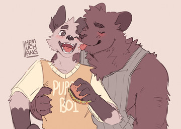 anthro black_eyes blush blush_lines burger clothing duo floppy_ears food green_clothing green_shirt green_tank_top green_topwear licking licking_another male muscular muscular_anthro muscular_male one_eye_closed shirt slim_anthro slim_male tank_top tongue topwear yellow_clothing yellow_shirt yellow_topwear hemuchang pots_(hemuchang) shin_(hemuchang) canid canine canis domestic_dog felid mammal pantherine 2022 absurd_res hi_res