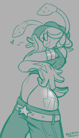 4_fingers antennae_(anatomy) anthro armlet belt big_butt blep bottomwear bottomwear_down butt clothed clothing crop_top crossed_arms cute_fangs fangs female fingers hair hand_on_face heart_symbol markings midriff obscured_eyes pants pants_down partially_clothed pose sagging_pants shirt solo teasing teeth thick_thighs tongue tongue_out topwear felino raspberry_(felino) aquatic aquatic_gastropod gastropod mollusk sea_slug slug 2025 hi_res monochrome sketch