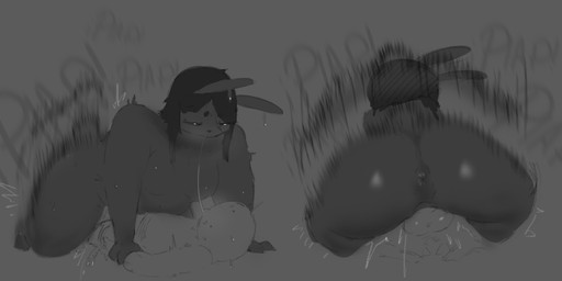 anthro anus arm_grab balls big_butt bodily_fluids breasts butt dark_hair dominant dominant_female duo female fur genitals glistening glistening_body glistening_skin grey_body grey_fur hair half-closed_eyes male male/female motion_lines multiple_angles narrowed_eyes overweight overweight_female plap saliva scut_tail sex short_hair short_tail slightly_chubby smoke smoke_from_nose tail vulva mamasoyanini human lagomorph leporid mammal rabbit hi_res monochrome
