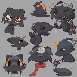 4_fingers bandage bandaged_arm bandaged_head blood blush blush_lines bodily_fluids cheek_tuft cross-popping_vein emanata facial_tuft fingers fur grey_body grey_fur hands_together head_tuft headpat holding_syringe looking_at_viewer orange_sclera pawpads question_mark red_scarf scarf sleeping tears tuft unusual_blood unusual_bodily_fluids shiron_(pixiv_artist) casualties:_unknown expie_(gunsawian) gunsawian 1:1 hi_res multiple_images