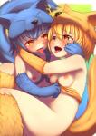 abstract_background blonde_hair blue_hair blush bodily_fluids bottomless breasts clothed clothing clothing_pull duo female female/female hair nipples saliva saliva_string shirt shirt_pull sitting tongue tongue_out topwear topwear_pull yellow_eyes 24cakes ragnarok_online moonlight_flower animal_humanoid canid canid_humanoid canine canine_humanoid fox fox_humanoid humanoid mammal mammal_humanoid 2016