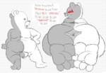 anthro anus balls big_anus big_balls big_butt black_body butt circumcised dialogue feet foot_focus genitals grin grinning_at_viewer lying male multicolored_body nude on_front penis presenting slightly_chubby smile solo standing toes white_body krisfe monokuma bear mammal