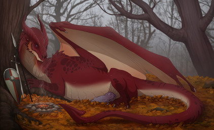animal_genitalia bonfire day detailed_background erection feral firepit fog forest genital_slit genitals knot leaf long_tail looking_at_viewer lying male melee_weapon membrane_(anatomy) membranous_wings nature on_front outside penis plant polearm presenting pupils purple_eyes purple_penis quadruped red_body red_scales red_skin scales shield sky slit_pupils smoke solo spear sword tail tan_body tan_scales tree weapon wings lunalei european_mythology mythology ryloth dragon mythological_creature mythological_scalie scalie western_dragon 2017 digital_media_(artwork) hi_res