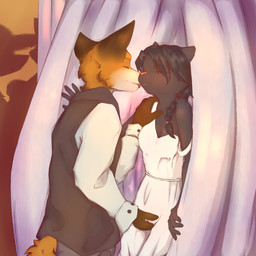 anthro black_body black_fur blush clothed clothing dress duo ears_down eyes_closed female fingering foreplay fur hair hand_on_shoulder licking long_hair male male/female off_shoulder open_mouth orange_body orange_fur pivoted_ears public shy skinny standing suit suit_jacket tongue vaginal vaginal_fingering whiskers cdt2s snowflake_(cdt2s) canid canine domestic_cat felid feline felis fox mammal red_fox true_fox 1:1 hi_res