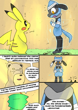 5_panel_comic ambiguous_gender anthro bandage beard biped black_eyes black_text blue_body blue_fur cheek_spots dialogue elderly ellipsis exclamation_point eyes_closed facial_hair fur grass group holding_rock looking_at_another male motion_lines open_mouth orange_eyes plant pupils red_cheeks rock sound_effects speech_bubble standing tail talking_to_another text wall_(structure) white_pupils white_sclera yellow_body yellow_tail sawlamander nintendo pokemon pokemon_mystery_dungeon spike_chunsoft decidueye generation_1_pokemon generation_2_pokemon generation_4_pokemon generation_7_pokemon pikachu pokemon_(species) riolu ursaring 2026 comic english_text hi_res