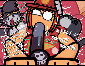 bodily_fluids cigarette clothing collar dark_body dark_fur drooling ear_piercing facial_piercing fellatio female feral fur glowing glowing_eyes green_eyes male male/female nose_piercing oral penile piercing pizza_girl_(mykendyke) red_clothing red_shirt red_topwear saliva sex shirt spiked_collar spikes text topwear yellow_eyes conditional_dnp mykendyke stray_(mykendyke) domestic_cat felid feline felis human mammal absurd_res english_text hi_res