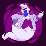 ambiguous_gender anthro beckoning clothing crown fangs gesture hand_on_hip head_tuft headgear looking_at_viewer purple_background purple_clothing purple_shirt purple_topwear shirt shoulder_pads simple_background slightly_chubby solo suit teeth tongue tongue_out topwear tuft arachnymph luigi's_mansion mario_bros nintendo king_boo ghost spirit 1:1 absurd_res hi_res