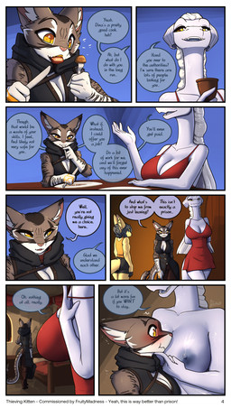 anthro areola bedroom big_breasts black_hair blue_eyes blush bottomwear breasts brown_body brown_fur cleavage_cutout clothing cutout dialogue dress duo eating eating_food exposed_breasts female female/female fur furgonomics gold_(metal) gold_tooth hair hands_behind_back holding_object holding_tool holding_utensil inner_ear_fluff kitchen_utensils larger_female long_hair muscular muscular_female nipples non-mammal_breasts non-mammal_hair non-mammal_nipples pants shirt shorts silver_skin sitting size_difference smaller_female standing text tools topwear tuft undressing white_body white_fur white_hair yellow_body yellow_eyes yellow_fur feretta mythology tale_of_tails elizabeth_woodsgrove fenavi_montaro mis'alia canid canine domestic_cat draako dragon felid feline felis fennec_fox fox mammal mythological_creature mythological_scalie scalie true_fox 2026 absurd_res comic english_text hi_res herm_(lore)
