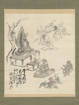 ambiguous_anthro ambiguous_gender anthro asian_clothing beads biped cloak clothed clothed_anthro clothing crouching detailed_background east_asian_clothing eboshi flower folding_fan fur furniture grass group hand_fan headgear headwear holding_object japanese_clothing leaf long_ears lotus_pose outside plant prayer_beads religion robe scroll semi-anthro sitting table tail tree vase whiskers tomioka_tessai buddhism public_domain the_buddha amphibian buddha canid canine fox frog haplorhine lagomorph leporid mammal monkey primate rabbit 19th_century absurd_res ancient_art hi_res painting_(artwork) traditional_media_(artwork) traditional_painting_(artwork)