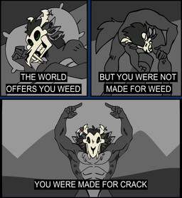 5_fingers 6_ears abs anthro base_two_layout bedding black_hair blanket blockage_(layout) bone cocaine drugs fangs feathers fingers fur gesture green_eyes grey_body grey_fur hair hand_gesture horizontal_blockage horn horn_jewelry jewelry looking_at_viewer looking_down male marijuana motivational_poster multi_ear multicolored_body multicolored_fur muscular muscular_anthro muscular_male nude pecs pillow pointing pointing_up raised_arms shitpost simple_background simple_coloring skull skull_head sleeping solo teeth teeth_showing text text_box three_frame_image three_frame_sequence two_row_layout two_tone_body two_tone_fur crystals_draw american_mythology indigenous_north_american_mythology mythology north_american_mythology kelkuan cryptid monster wendigo 2022 comic digital_media_(artwork) english_text hi_res meme sequence shaded simple_shading