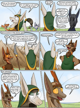 anthro axe clothed clothing dialogue eyewear female glasses group male melee_weapon polearm spear tail tail_tuft text tuft weapon yellow_eyes yellow_sclera valsalia out-of-placers beizel_(oop) kattajak narklet poak_(oop) vizlet mammal yinglet comic english_text hi_res letterbox