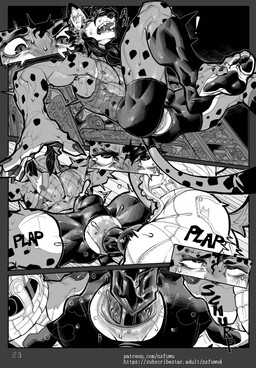 4_toes anal anal_penetration anthro bodily_fluids bottomwear bulge clothed clothing coat dripping duo feet fishnet_clothing fishnet_topwear foot_wraps forced forced_anal genital_fluids male male/male partially_clothed partially_clothed_anthro partially_clothed_male penetration precum precum_drip precum_through_bottomwear precum_through_clothing rape sex spots sweat sweaty_arms sweaty_body thrown toes topwear torn_bottomwear torn_clothing wet wet_clothing wraps nsfuwu4 hyena mammal monster 2025 absurd_res black_and_white comic hi_res monochrome