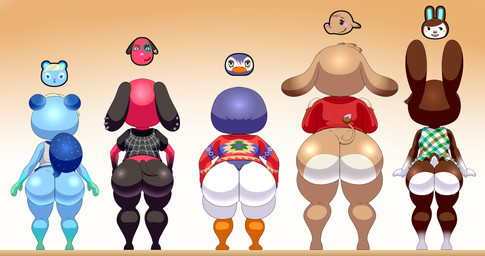 anthro big_butt blue_body bottomless brown_body butt clothed clothing female group lineup piercing rear_view red_body shirt shirt_only sweater topwear topwear_only lechugansfw animal_crossing nintendo carmen_(animal_crossing) cherry_(animal_crossing) ellie_(animal_crossing) flo_(animal_crossing) ione_(animal_crossing) avian bird canid canine canis domestic_dog elephant elephantid lagomorph leporid mammal penguin proboscidean rabbit rodent sciurid tree_squirrel 2026 absurd_res hi_res