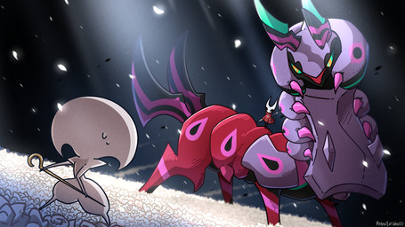 ambiguous_gender armor bodily_fluids cloak clothing female feral flower group plant red_cloak red_clothing standing sweat trio white_body white_flower miyann_(artist) hollow_knight:_silksong hollow_knight_(franchise) nintendo pokemon pokemon_legends_z-a team_cherry hornet_(hollow_knight) lace_(hollow_knight:_silksong) arachnid arthropod centipede generation_5_pokemon generation_9_pokemon mega_evolution mega_scolipede myriapod pokemon_(species) scolipede 16:9 colored digital_media_(artwork) hi_res watermark widescreen