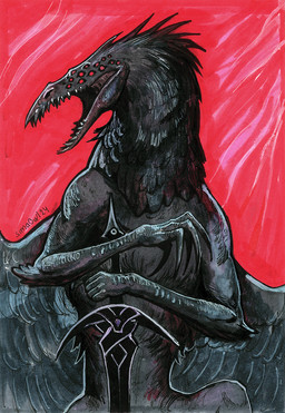 anthro feathered_wings feathers for_a_head male melee_weapon multi_eye open_mouth red_eyes scutes solo sword teeth text weapon wings sima_owl animal_head animal_humanoid avian bird humanoid artist_name hi_res painting_(artwork) portrait traditional_media_(artwork) traditional_painting_(artwork)