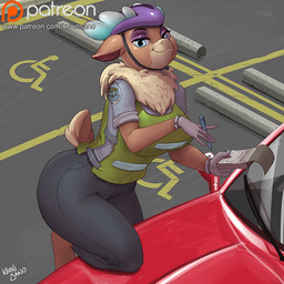 anthro armor breasts car clothed clothing dual_holding female gloves handwear headgear helmet holding_note_pad holding_object holding_pen holding_writing_utensil looking_at_viewer note_pad outside patreon_logo pen smile solo text vehicle website_logo writing_utensil kevinsano patreon them's_fightin'_herds velvet_reindeer_(tfh) deer mammal new_world_deer reindeer 1:1 2016 digital_media_(artwork) url