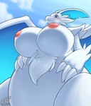 anthro areola big_breasts blush breasts claws female fur huge_breasts nipples nude smile solo white_body wings coolryong mythology palworld pocketpair dragon furred_dragon furred_scalie mythological_creature mythological_scalie pal_(species) quivern scalie winged_dragon absurd_res hi_res